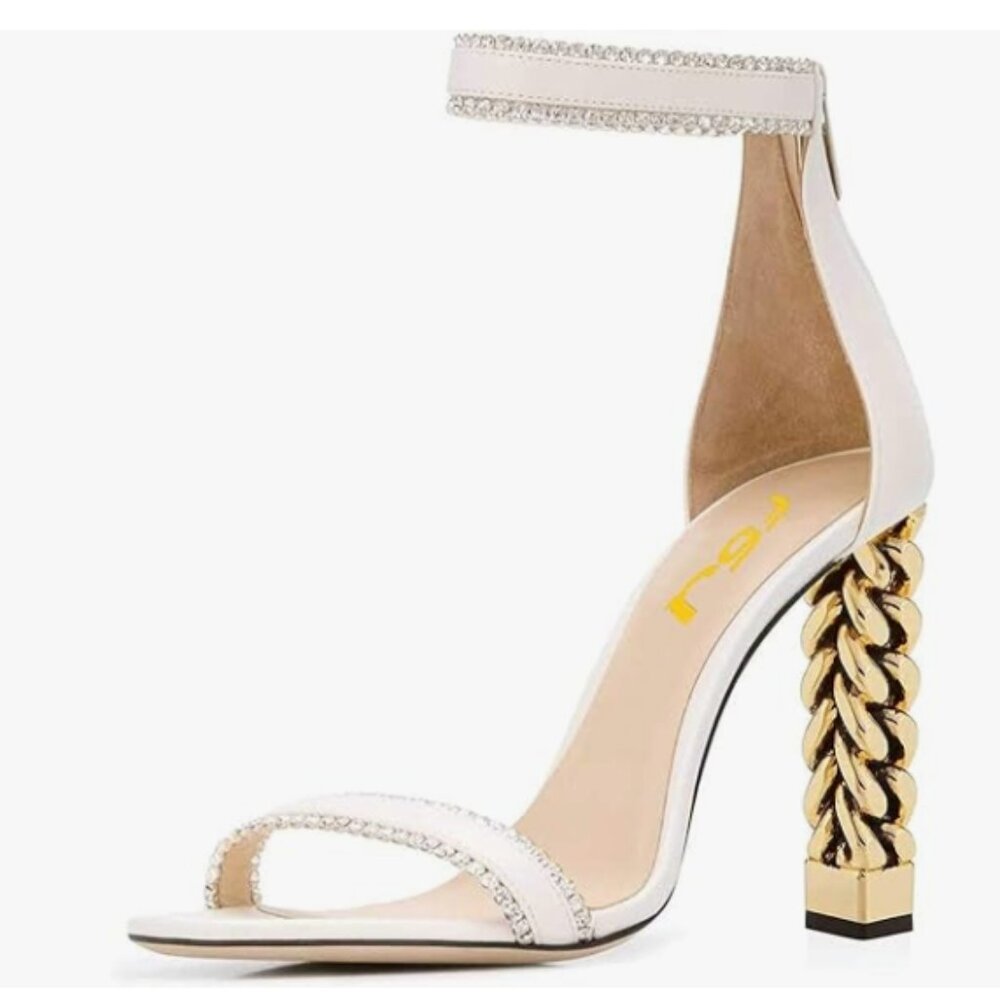 FSJ White Rhinestones Gold Metal Chain Chunky High Heels Ankle Strap Sandals